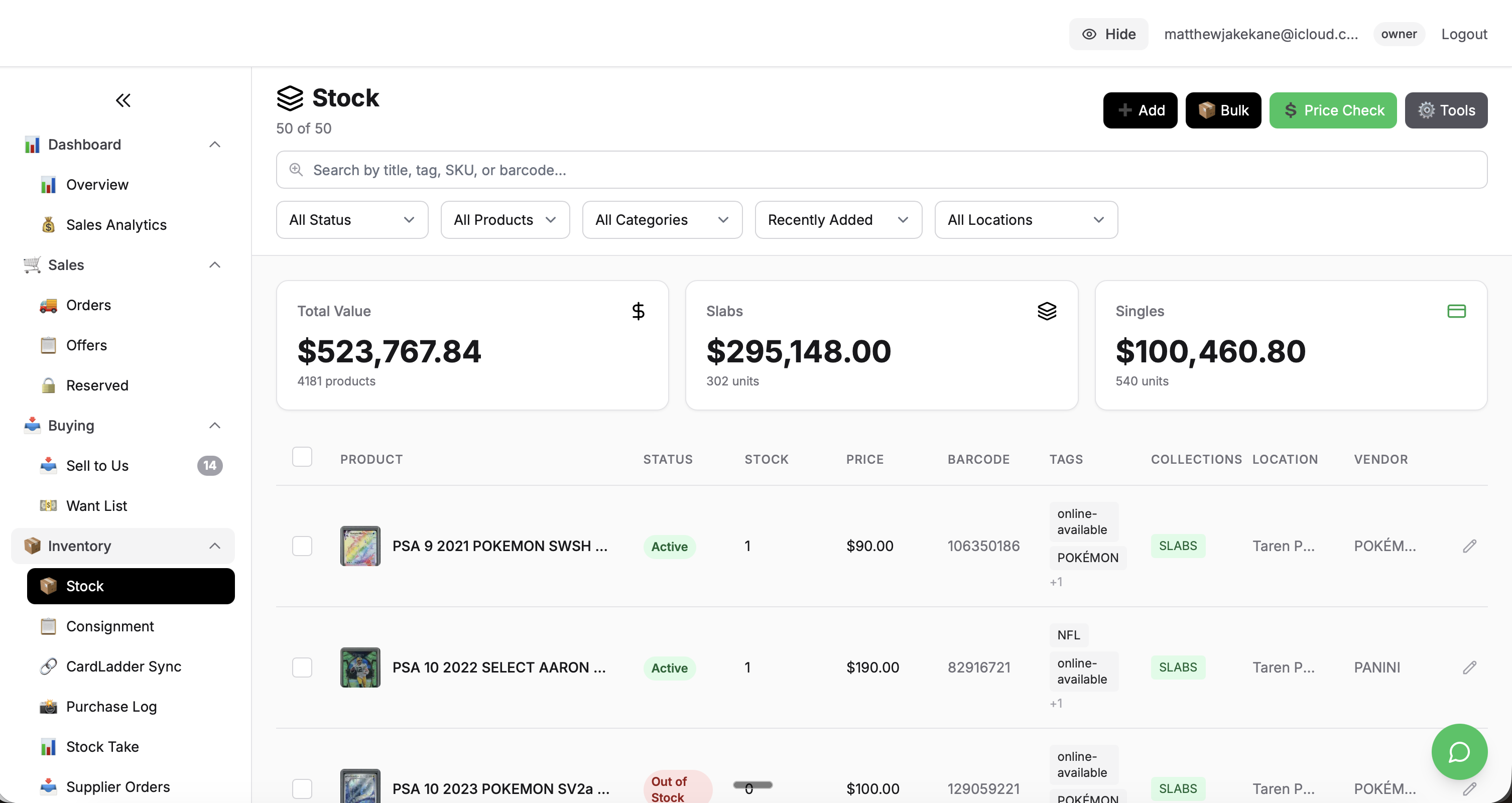 Swapitt admin stock management dashboard showing total inventory value across slabs and singles